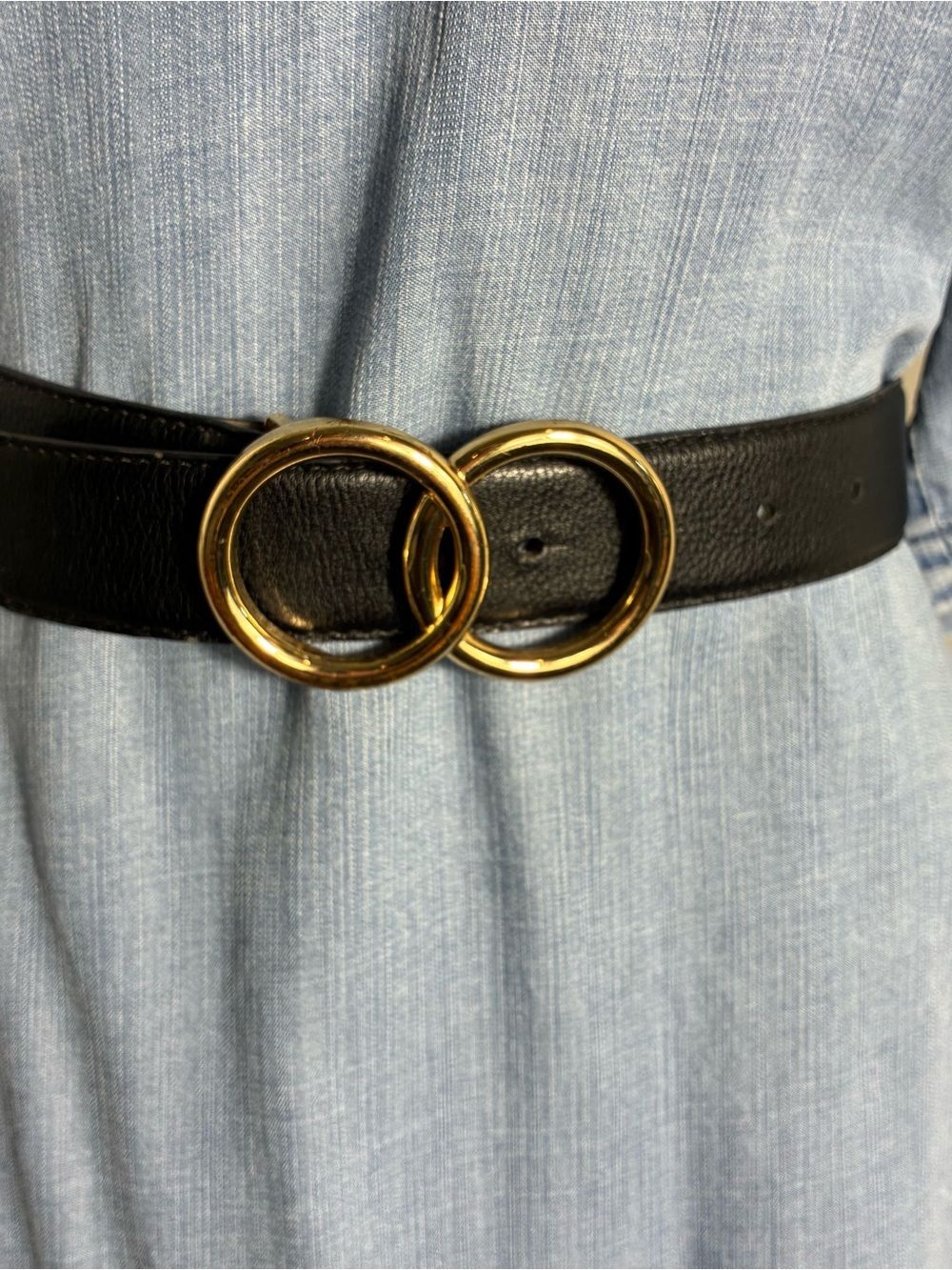 Express Womens belt Sz M double gold ring synthetic leather black